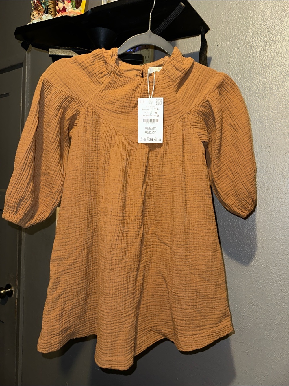 Zara Kids Textured Long-Sleeve Dress in Rust Orange